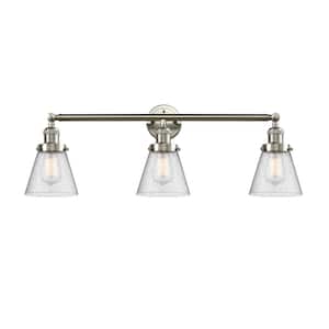 Cone 30 in. 3-Light Brushed Satin Nickel Vanity Light with Seedy Glass Shade