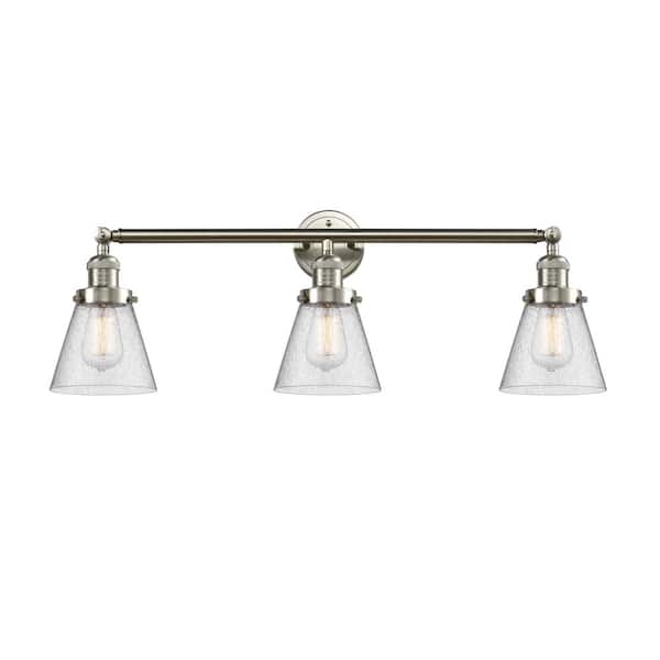 Innovations Cone 30 in. 3-Light Brushed Satin Nickel Vanity Light with Seedy Glass Shade