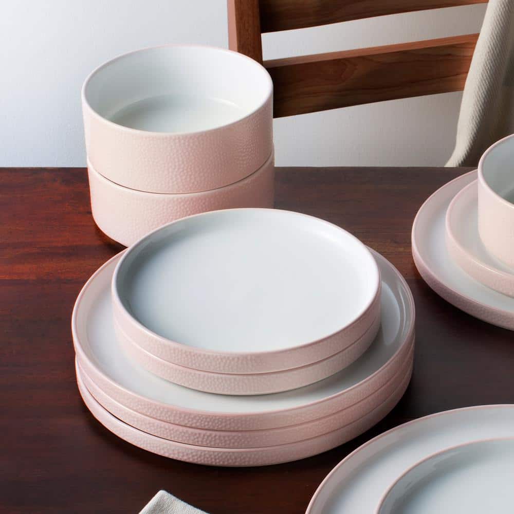 Blush and White Porcelain 12-Piece Textured Dinnerware Set