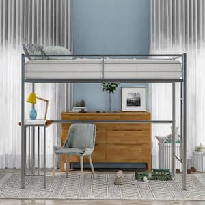 Twin Metal Silver Bunk Bed with Desk Ladder and Guardrails Loft Bed for Bedroom