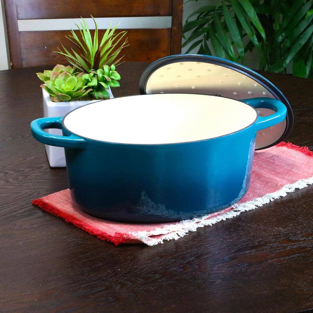 Teal 7-Quart Enameled Cast Iron Oval Dutch Oven with Lid