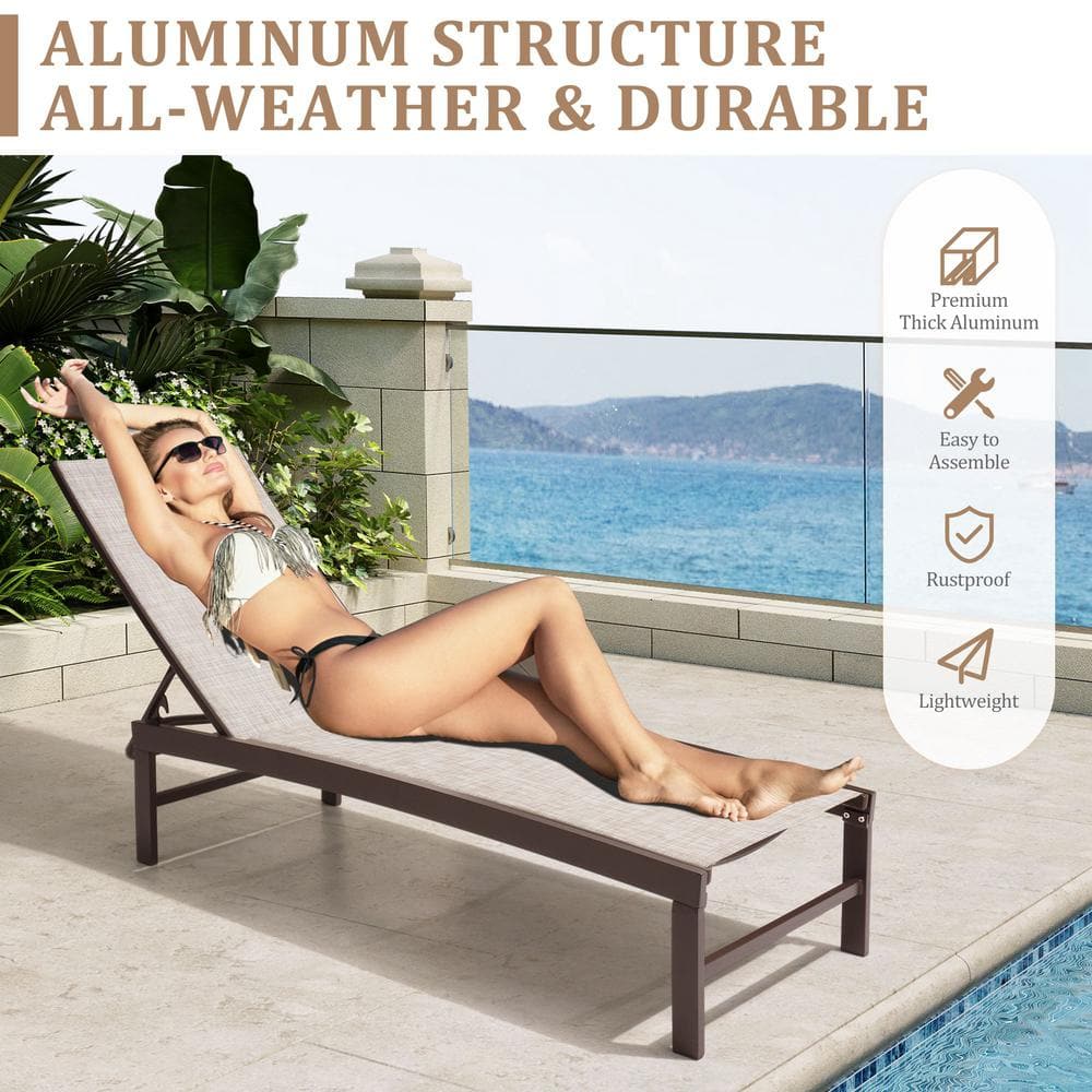 Beige Aluminum Adjustable Outdoor Chaise Lounge with Textilene Fabric