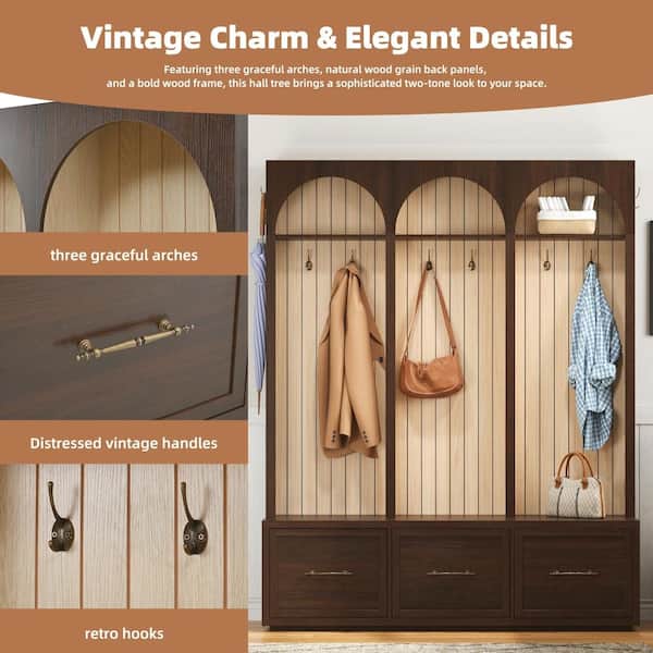 Tradrou Dark Walnut Farmhouse Hall Tree with Bench, 8 Hooks & 3