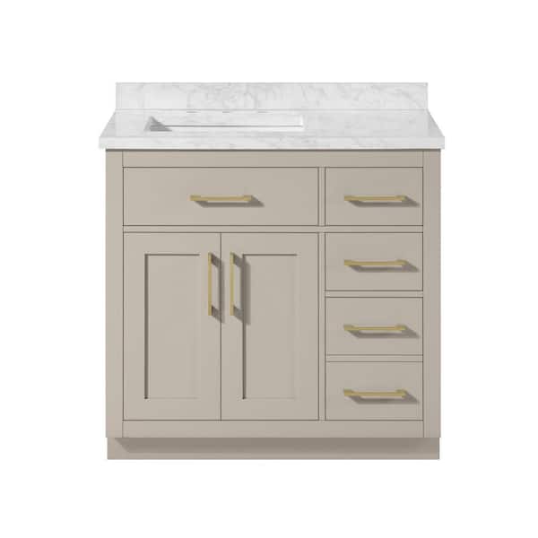 Athea 36 in. Freestanding Greige Bath Vanity with White Engineered Marble Top, Power Bar and Brushed Gold Hardware