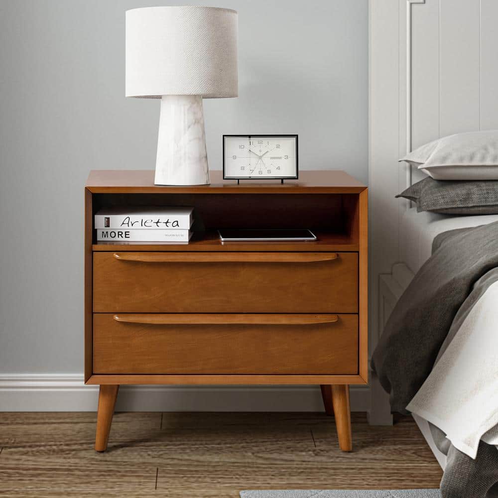 Leslie Mid-Century Modern Acorn 2-Drawer Nightstand with Built-In Outlets