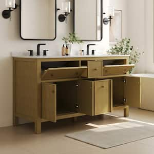 60 in. Bathroom Vanity with Ceramic Sink Top, Pre-Assembled Mid-Century Wood Bathroom Cabinet Sink Combo in Walnut White