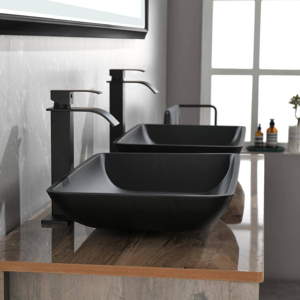 Matte Black Rectangular Glass Vessel Sink with Faucet and Drain