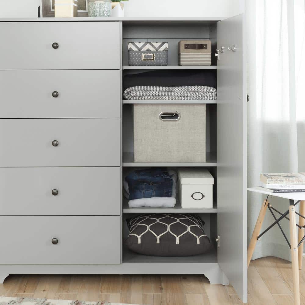 Soft Gray Contemporary Chest with 5 Drawers and Cabinet