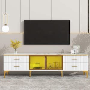 Modern Gold/White TV Stand Fits TV's Up to 78 in. with Marble-veined Table Top, Brown Glass Storage Cabinet