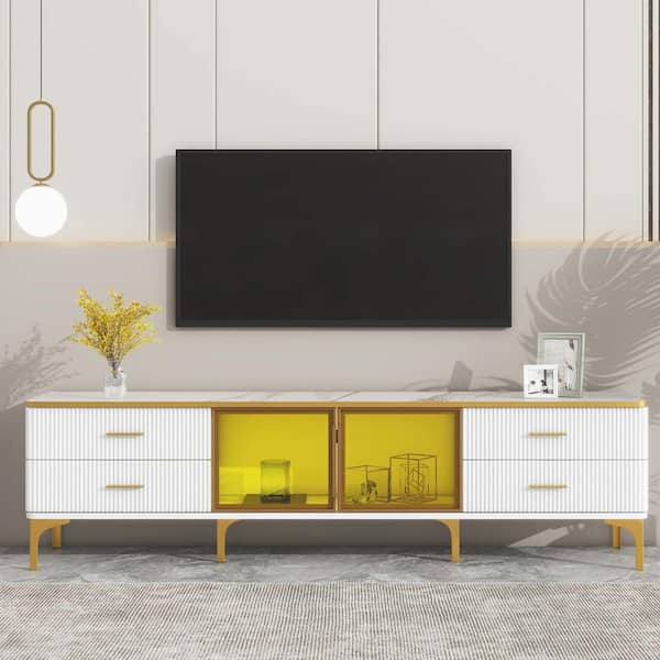 Polibi Modern Gold/White TV Stand Fits TV's Up to 78 in. with Marble-veined Table Top, Brown Glass Storage Cabinet