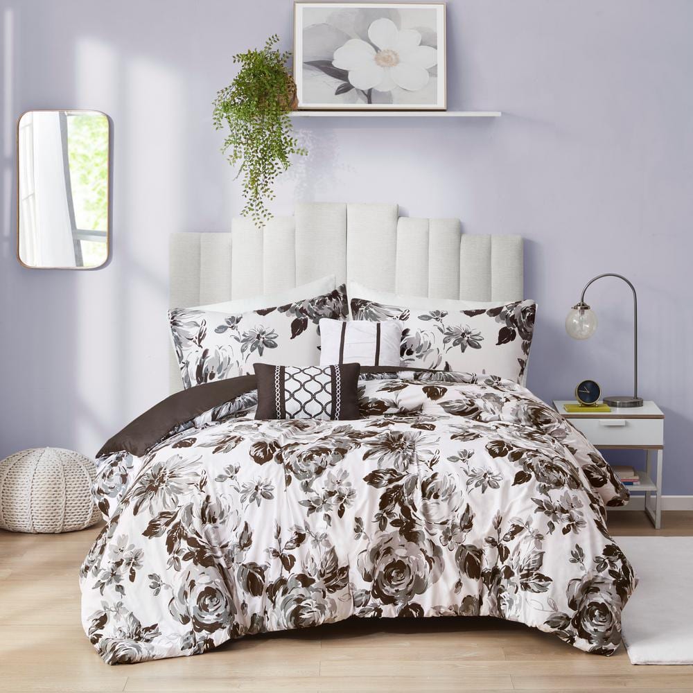 King Black and White Microfiber Reversible Floral Comforter Set