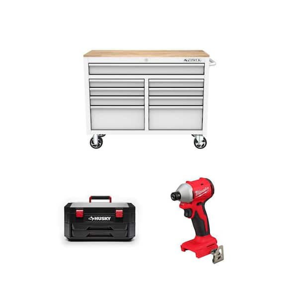 46 in. 9-Drawer White Mobile Workbench, 290-Piece Mechanics Tool Set and M18 1/4 in. Impact Driver Kit