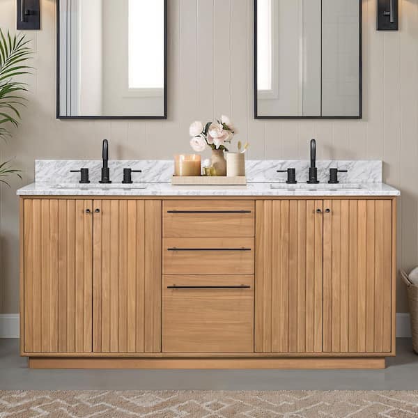 Parker 73 in. Double Sink Natural Teak Bath Vanity with Carrara White Marble Top