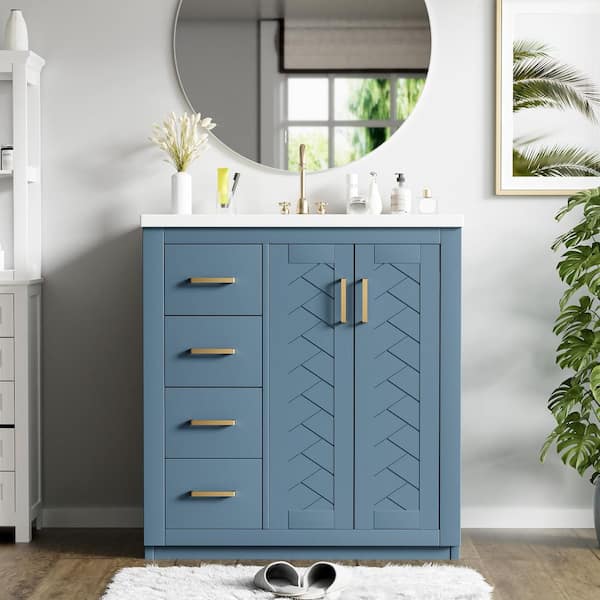 30 in. Single Sink Freestanding Indigo Bath Vanity with White Ceramic Top, 3 Drawers and Soft Closing Doors