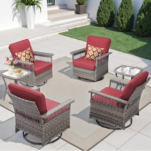 Nyajiah 6-Piece Swivel Wicker Outdoor Lounge Chair Patio Rocking Chair Set with Red Cushions