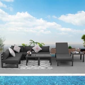 9 Pieces Luxury Outdoor Gray Aluminum Patio Conversation Sectional Set with Gray Cushions Tables and Chaise Lounge