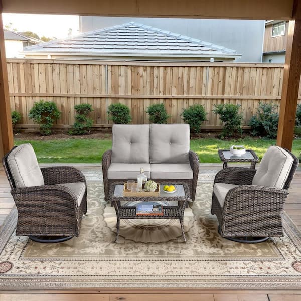 Opohoro Brown 5-Piece Wicker Patio Conversation Set with Swivel Rockers, Outdoor Glider Seating Set with Beige Cushions