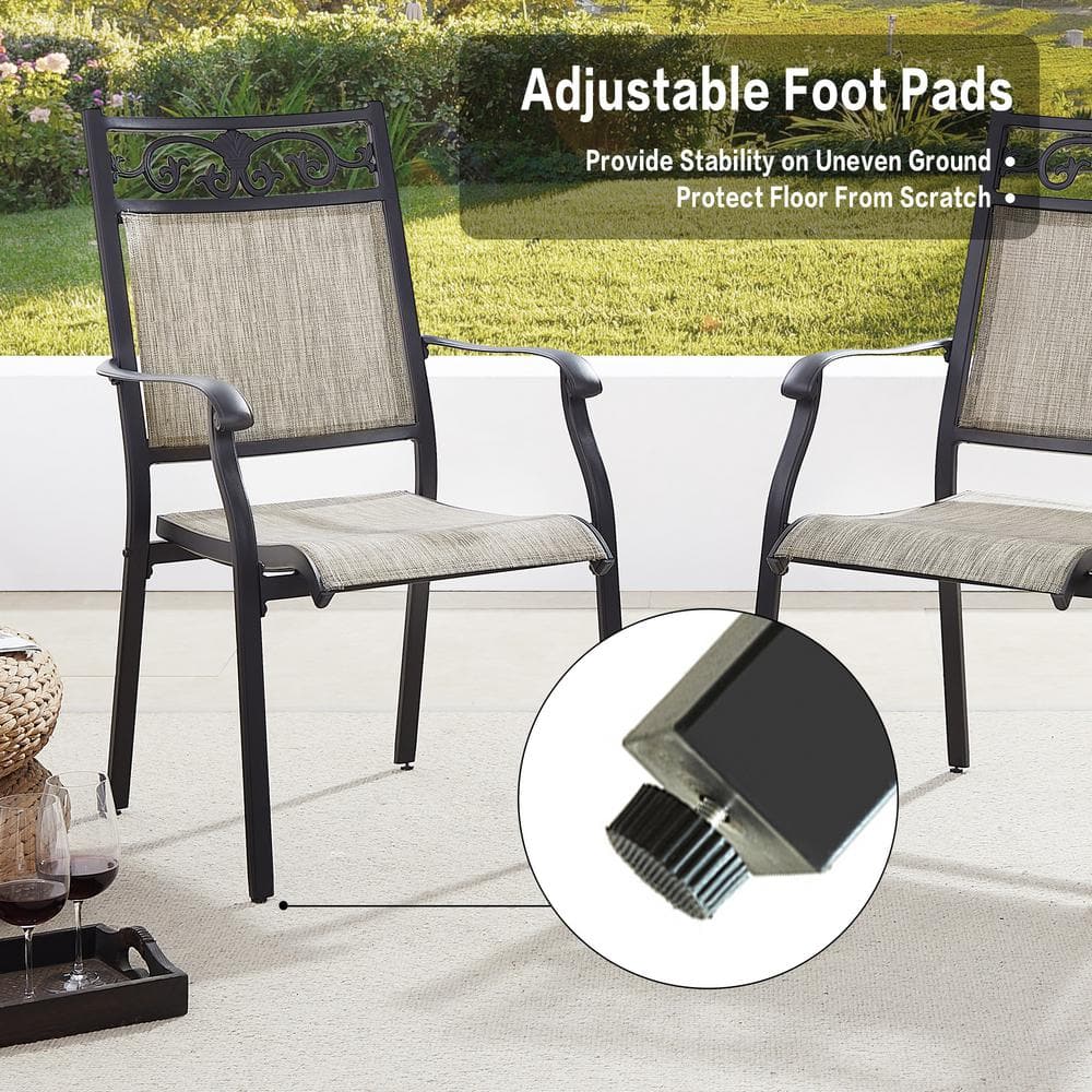 Black and Grey Cast Aluminum Patio Dining Armchairs, Set of 2