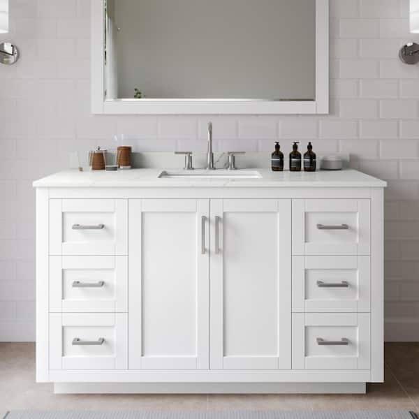 Miranda 54 in. W x 22 in. D x 33.75 in. H Single Bath Vanity in White with Giotto Quartz Top and 46 in. Mirror