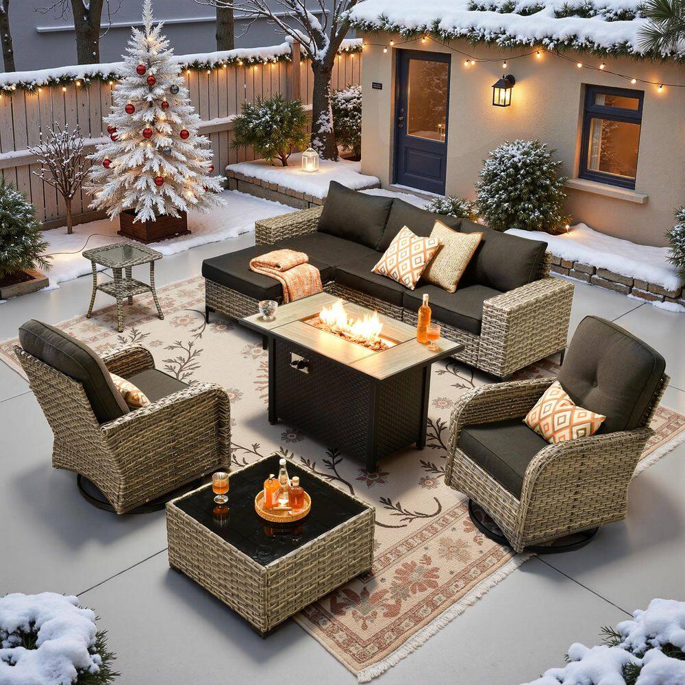 Verano 9-Piece Wicker Outdoor Patio Conversation Sofa Swivel Chairs Set with Metal Fire Pit and Black Cushions price history on PriceWatchPro