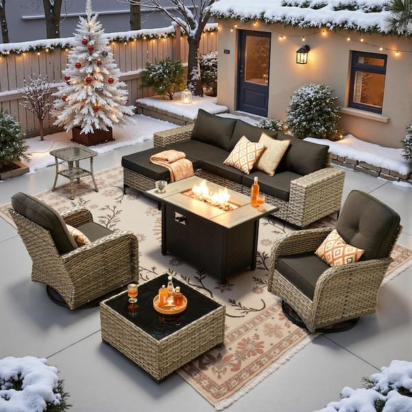 Verano 9-Piece Wicker Outdoor Patio Conversation Sofa Swivel Chairs Set with Metal Fire Pit and Black Cushions