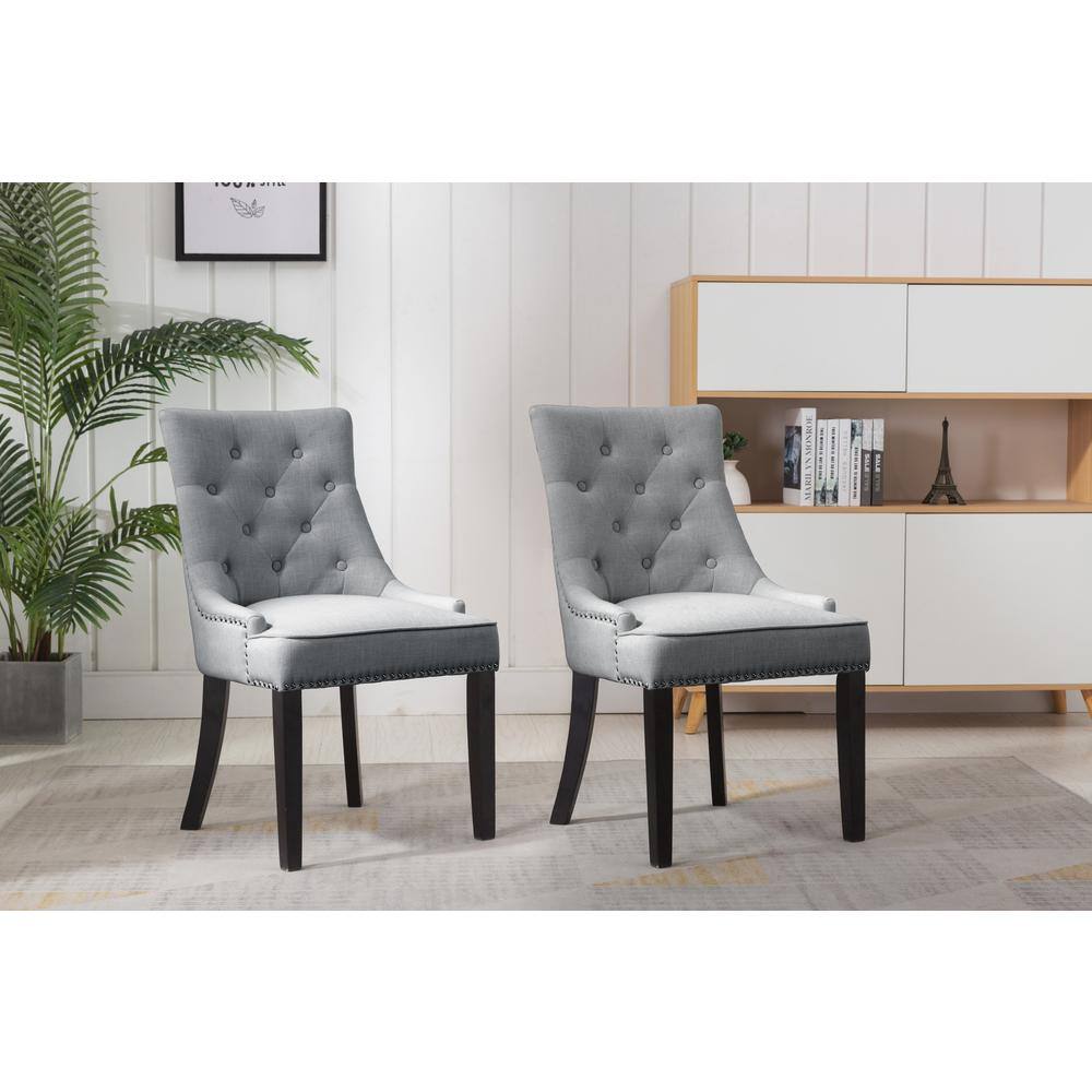 Elegant Sloped Armrest Tufted Light Gray Upholstered Dining Chair Set
