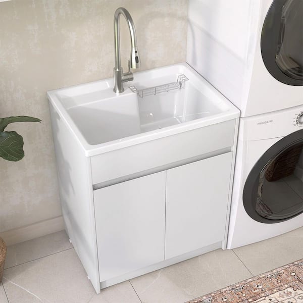 30 in. W x 22 in. D x 36 in. H Drop-In Freestanding Laundry/Utility Sink with Faucet and Cabinet in Matte White