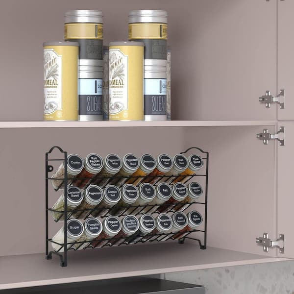 3 Tier Black Wall Mounted Spice Rack Organizer with 24 Glass Jars 396 Labels Funnel and Chalk Marker Complete Set