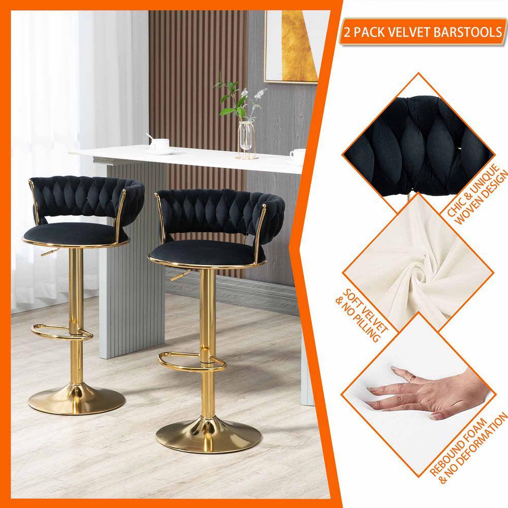 Black Velvet Adjustable Swivel Bar Stools with Gold Frame, Set of 2
