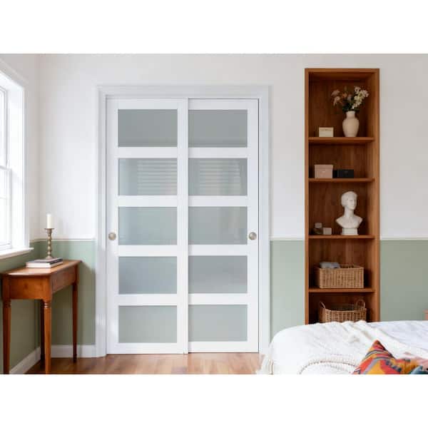 64 in. x 80 in. 5 Panel Frosted Glass White MDF Solid Core Sliding Door with Bypass Hardware Kit