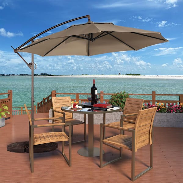 brown offset patio umbrella Mojia 10x10 FT Square Cantilever with Solar LED Lights and Cross Base, 360 Rotation Large Heavy Duty Outdoor Umbrella with Easy Tilt for Pool Backyard Deck Garden cantilever umbrella Outdoor Expressions 10 Ft. Round