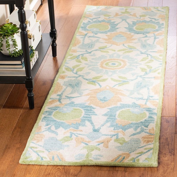 Antiquity 2 ft. x 12 ft. Ivory/Green Floral Geometric Runner Rug