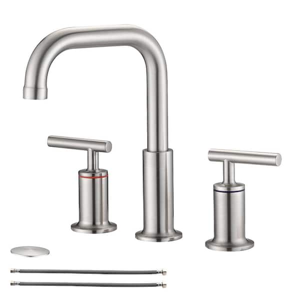 UPIKER Modern 8 in. Widespread Double Handle 360° Swivel Spout Bathroom Faucet with Drain Kit Included in Brushed Nickel