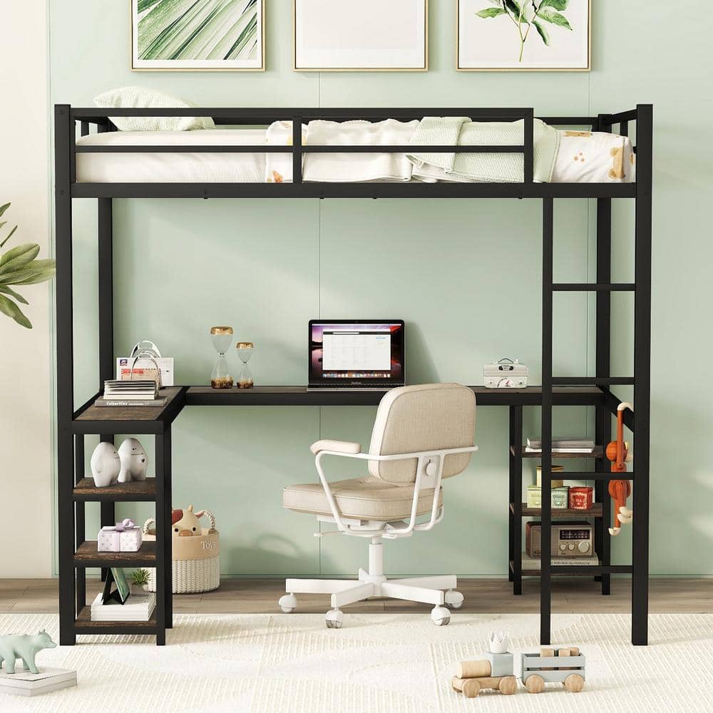 Boyel Living Black Full Size Loft Bed with L shaped Desk and USB with Wardrobe and Adjustable Shelf BL MM3S015 The Home Depot