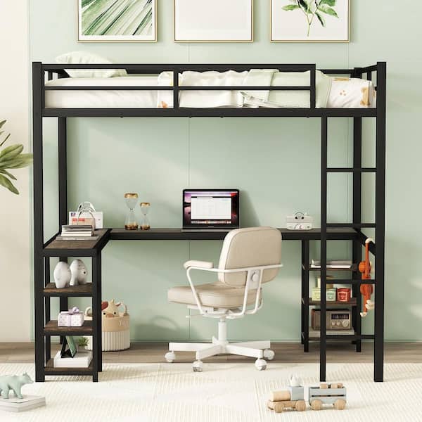 Boyel Living Black Full Size Loft Bed with L-shaped Desk and USB with Wardrobe and Adjustable Shelf