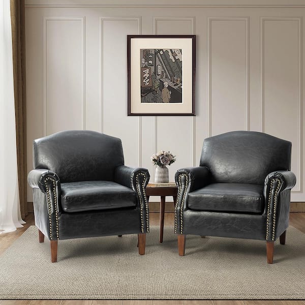 JAYDEN CREATION Gianluigi Black Faux Leather Arm Chair with Nailhead Trim (Set of 2)