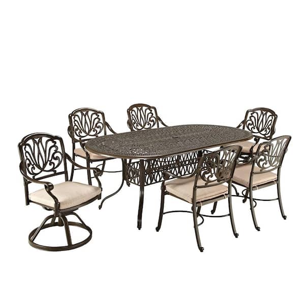 Home Styles Floral Blossom Taupe 7-Piece Patio Dining Set with Beige Cushions