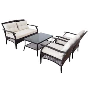 4-Piece Brown Rattan Sofa Seating Group with Beige Cushions