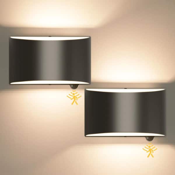 9 in. 1-Light Black Motion Sensor Indoor Integrated LED Wall Sconce 12-Watt 3000K for Living Room Bedroom Hallway 2-Pack