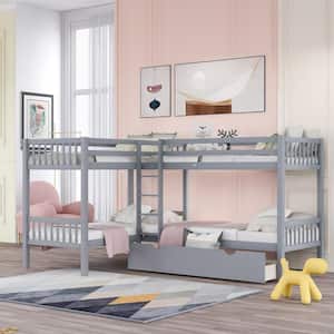 Gray L-Shaped Twin over Twin Wood Bunk bed with Drawers