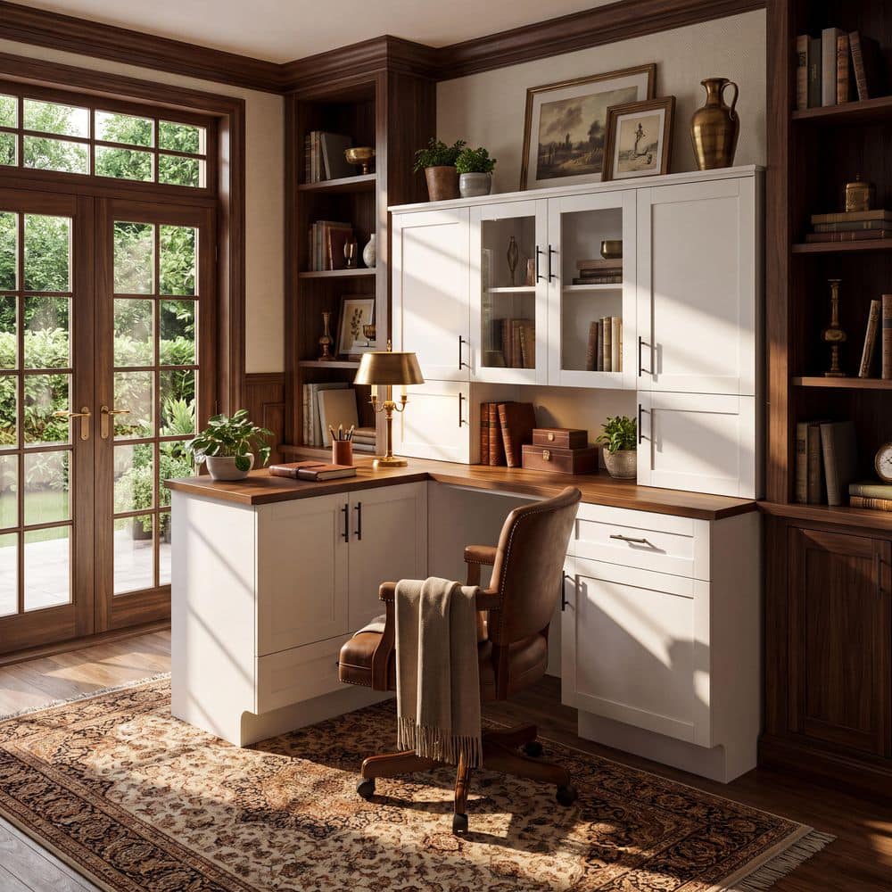 71.7 in. L-Shaped White and Brown Wood 2-Drawer Desk with Refrigerator Space, Cabinets and Glass Doors price history on PriceWatchPro