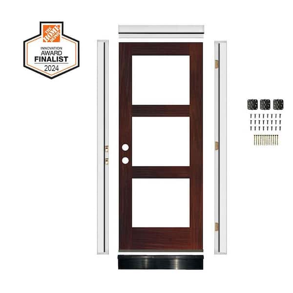 DIY RTA KIT 32in.x80in.HemlockRight-Hand/Inswing 3-Lite Clear Glass Red Mahogany Stain Wood Ready To Assemble Front Door