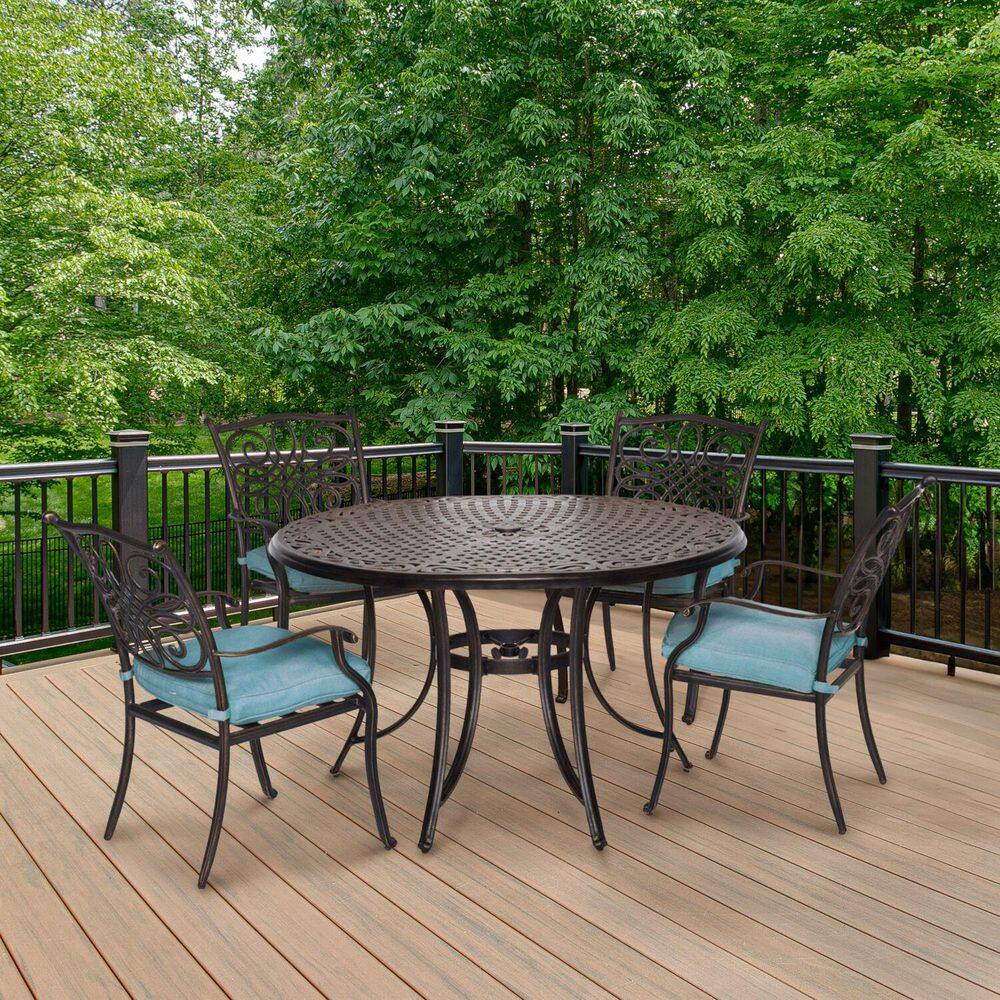 Bronze Aluminum Outdoor Dining Set with Blue Cushions