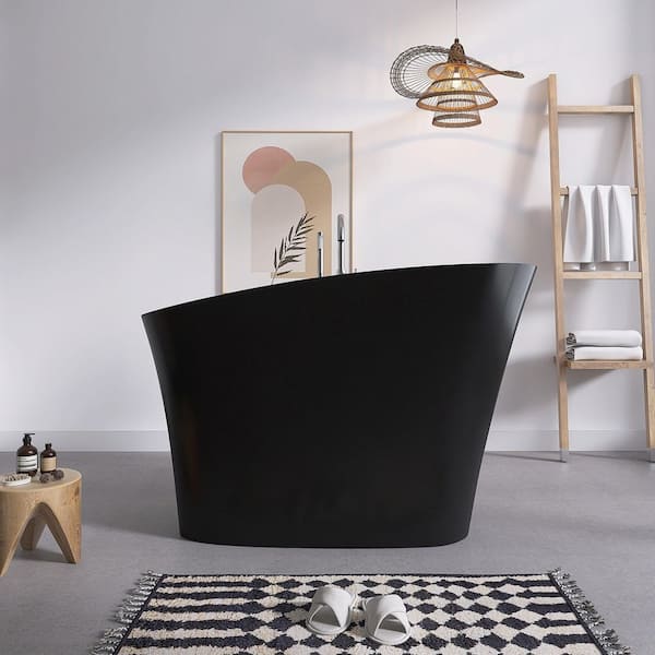 Verna 51 in. x 29 in. Solid Surface Freestanding Japanese Soaking Bathtub Stone Resin Tub with Drain in Black