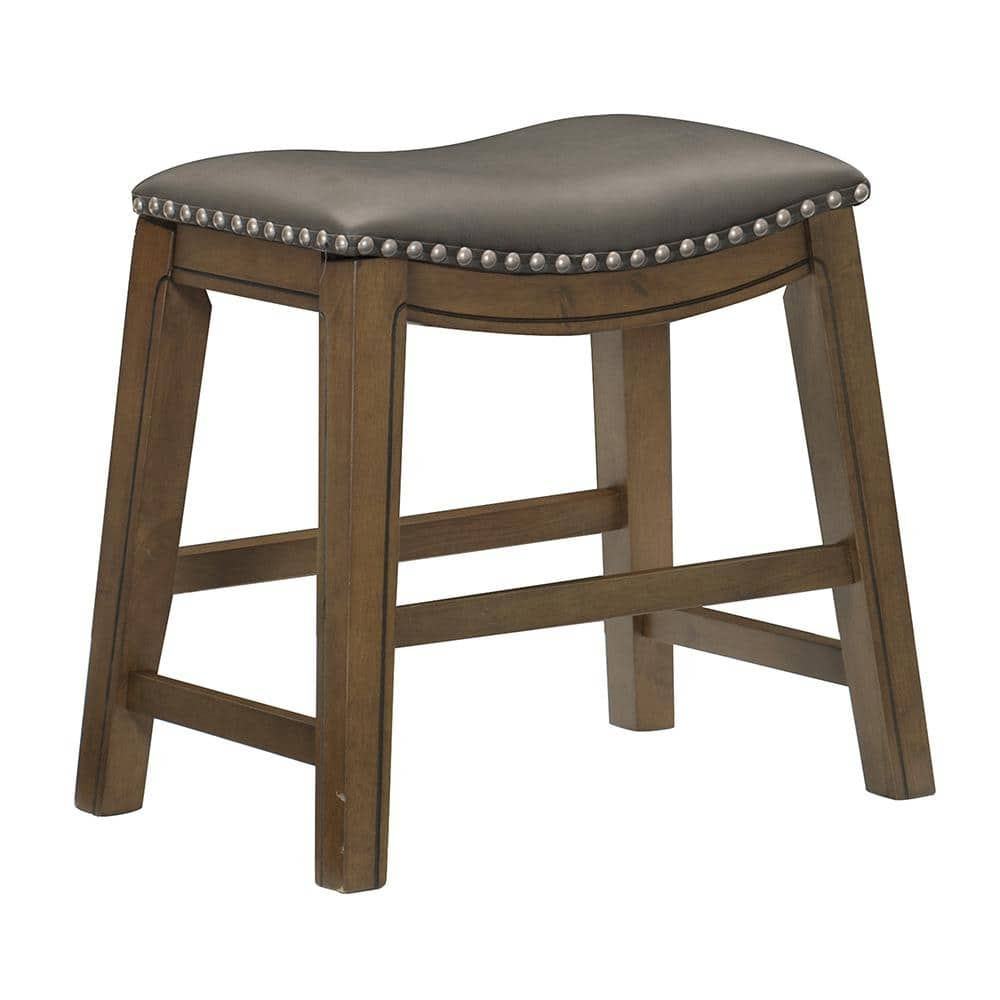 Modern Gray Leather Saddle Counter Stool with Nailhead Trim