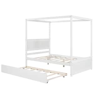 56.50 in. W White Wood Frame Full Canopy Bed With Trundle