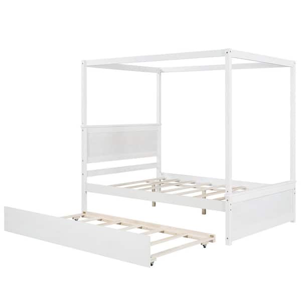Z-joyee 56.50 in. W White Wood Frame Full Canopy Bed With Trundle