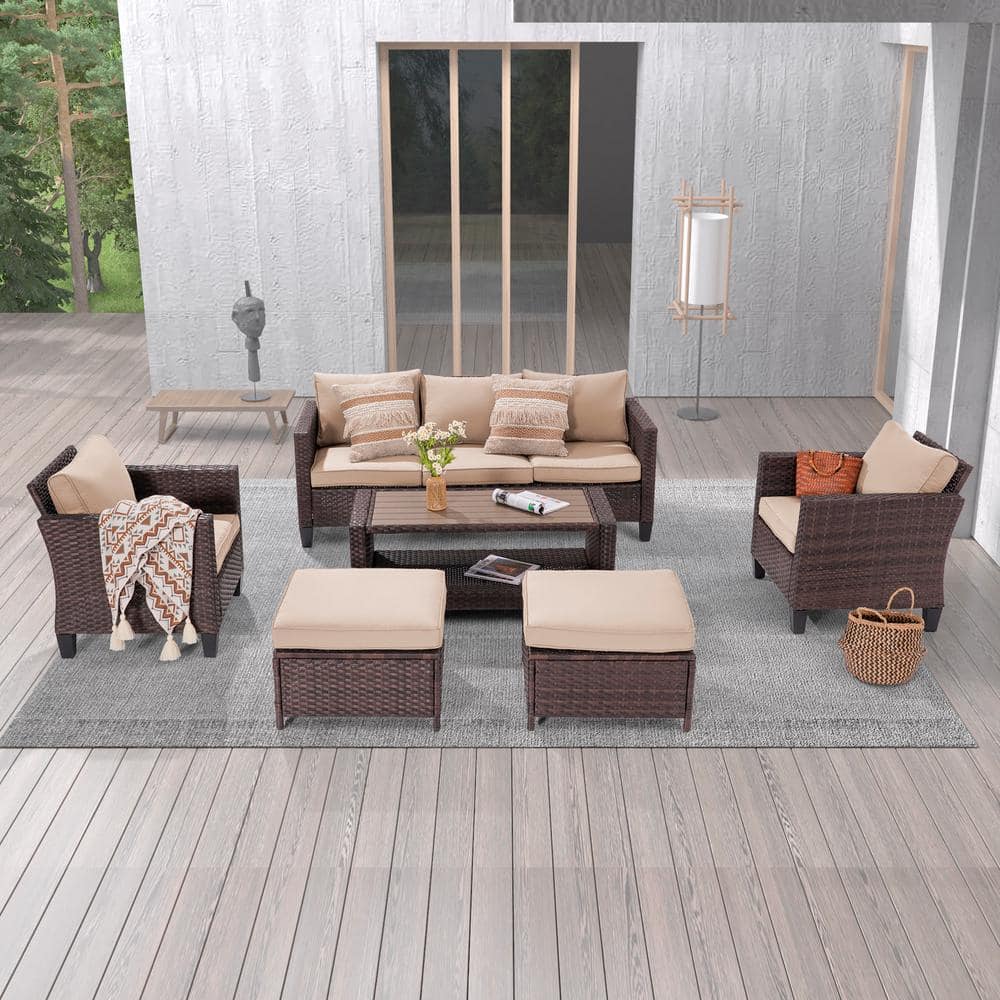 6-Piece Brown Wicker Outdoor Conversation Seating Sofa Set with Coffee Table, Sand Cushions