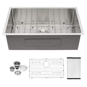 Brushed Nickel Stainless Steel 32 in. Single Bowl Drop-In Kitchen Sink with Bottom Rinse Grid