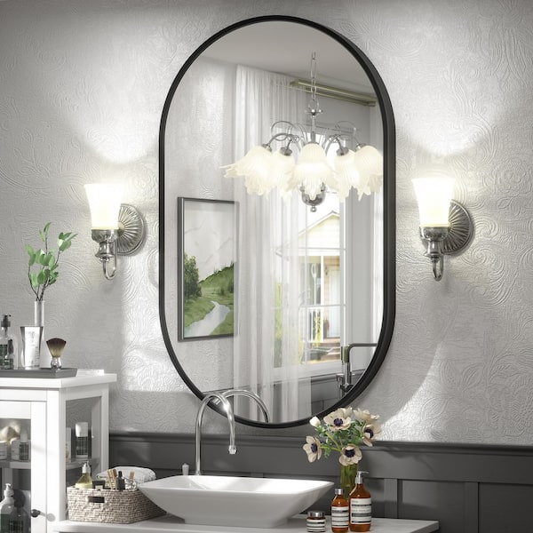 24 in. W x 40 in. H Oval Aluminum Alloy Framed and Tempered Glass Wall Decor Bathroom Vanity Mirror in Matte Black